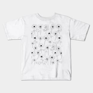 Poppies Line Art Flowers Pattern Black And White Kids T-Shirt